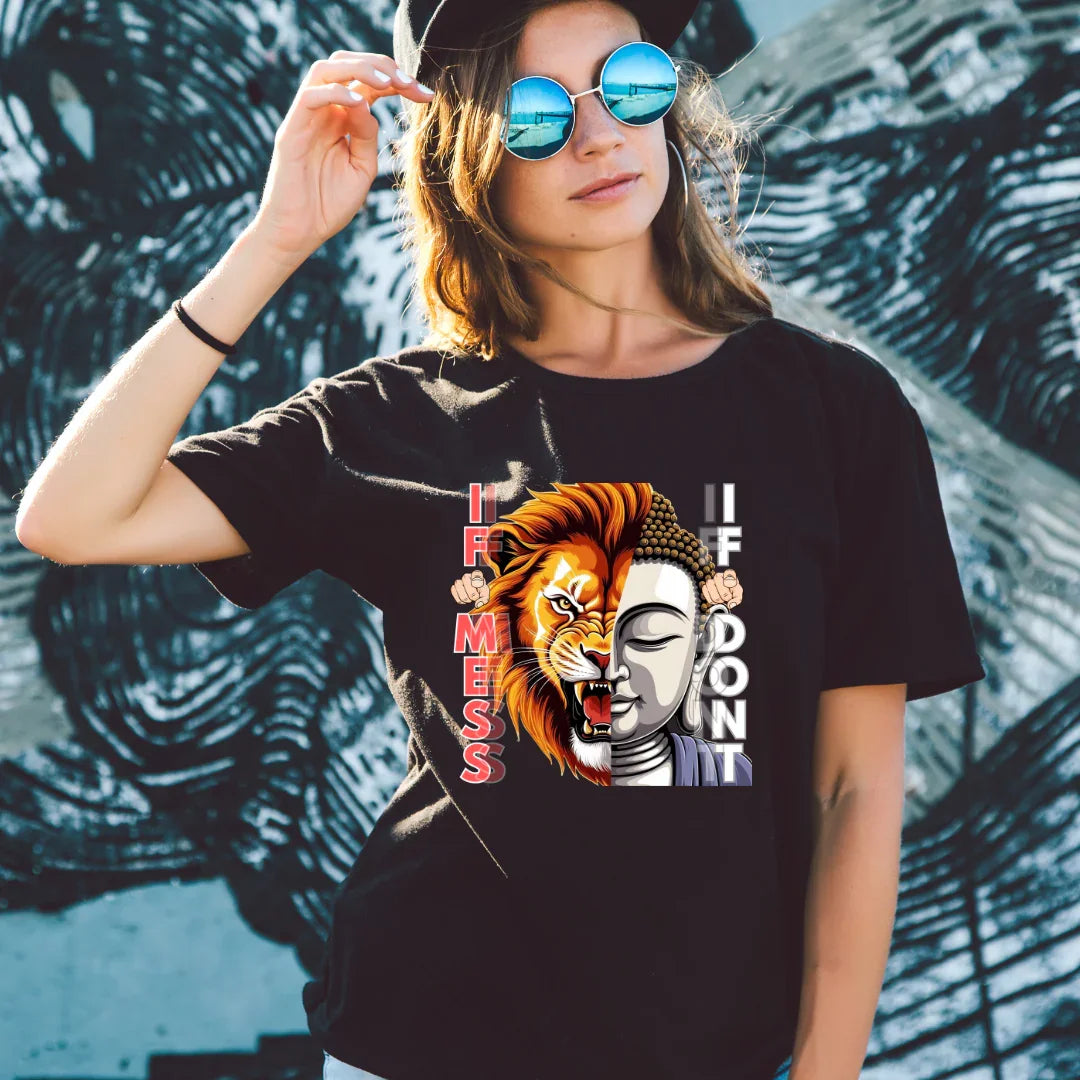 Two Sides of Me Tee Design - Lion & Buddha - Interesting Portrayal - Exclusive Collection.
