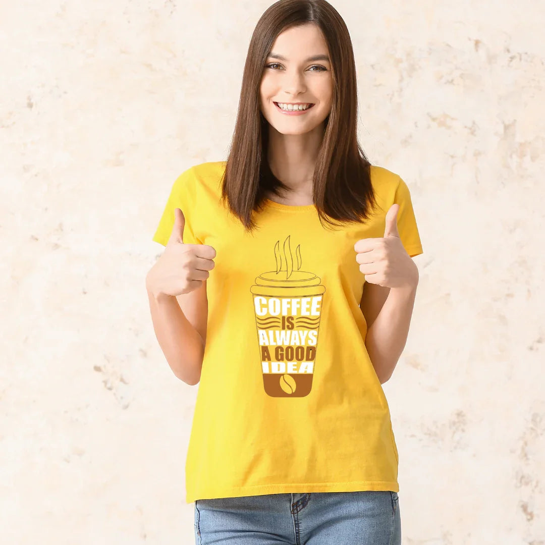Cool Funky Yellow Tee - Coffee is always a good idea - Famous Quote Tee Design