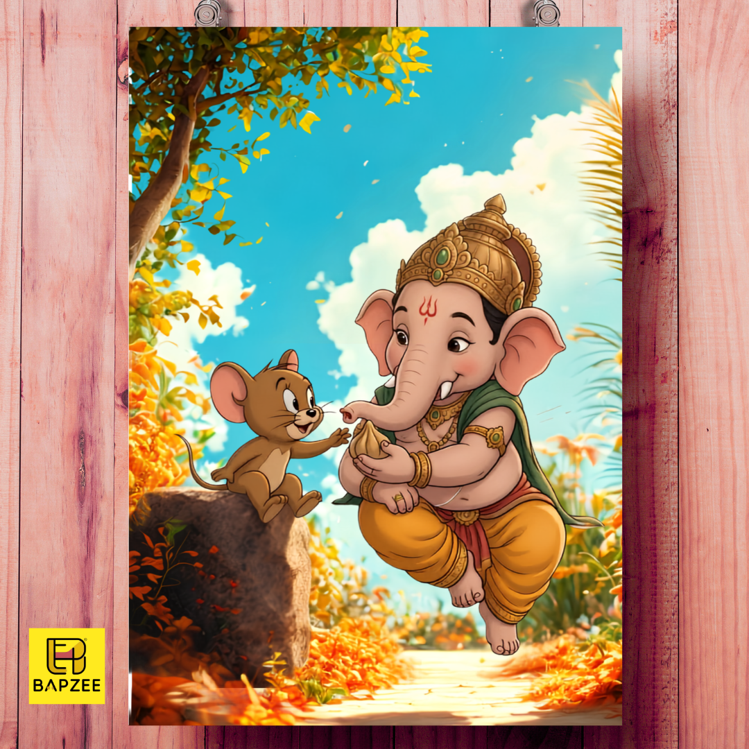 Lord Ganesha and Jerry Mouse-A4 Premium Poster