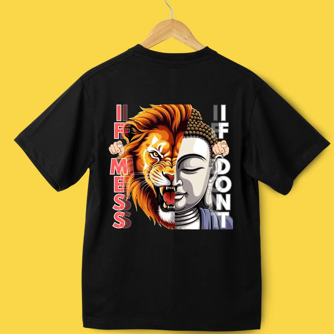 Two Sides of Me Tee Design - Lion & Buddha - Interesting Portrayal - Exclusive Collection.